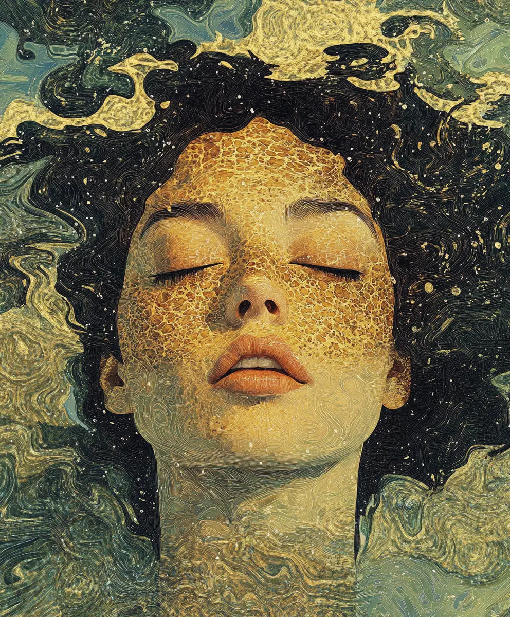 沉浸在閃耀金色水中的超現實女性臉龐