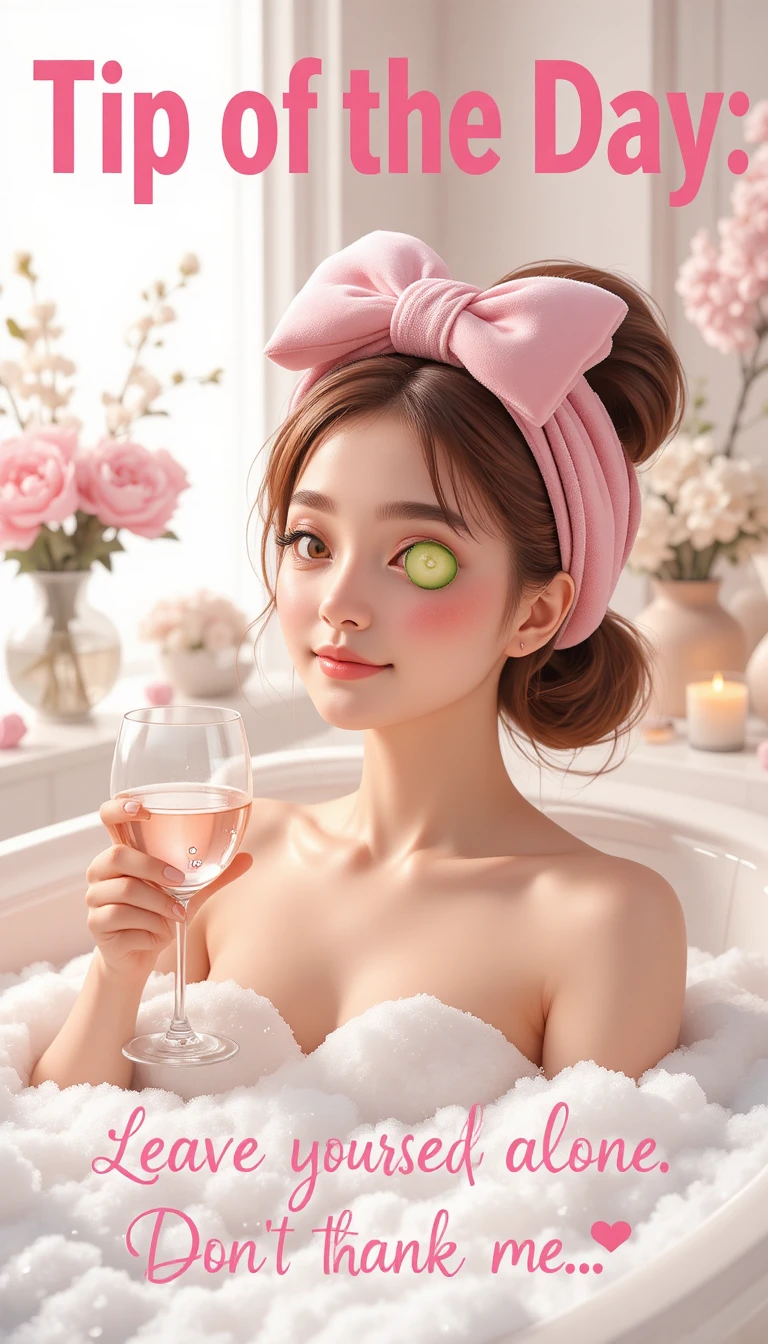 Mulher relaxando em banho de espuma rosa com taça de vinho