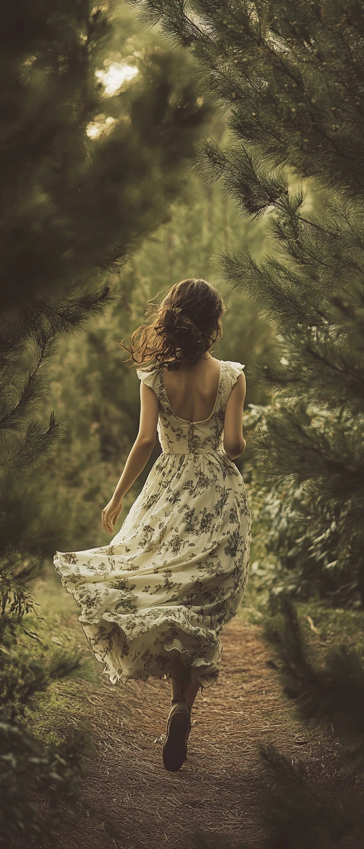 Garota caminhando de vestido de verão por um parque verde e silencioso