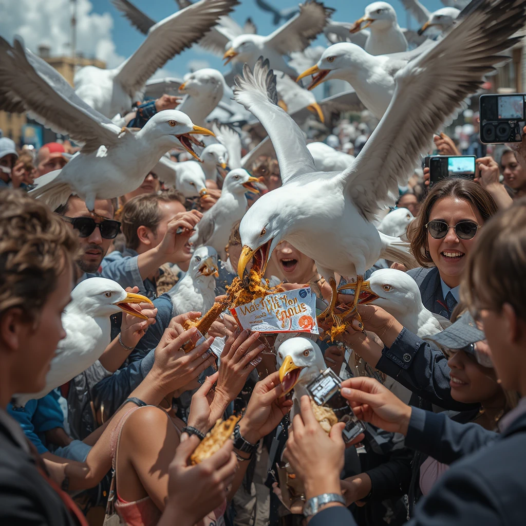 Gaivotas atacando turistas e roubando comida em uma rua movimentada