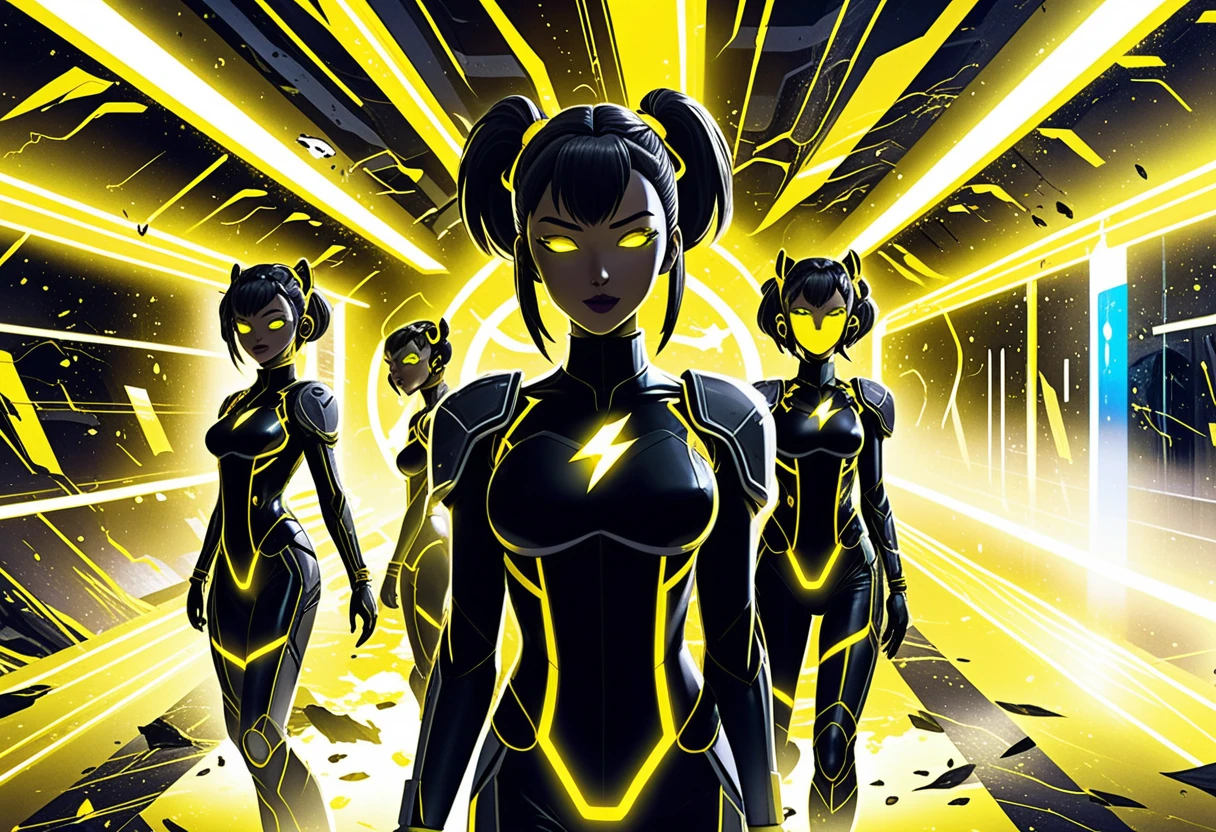 Cute anime girls in a glowing sci fi research facility