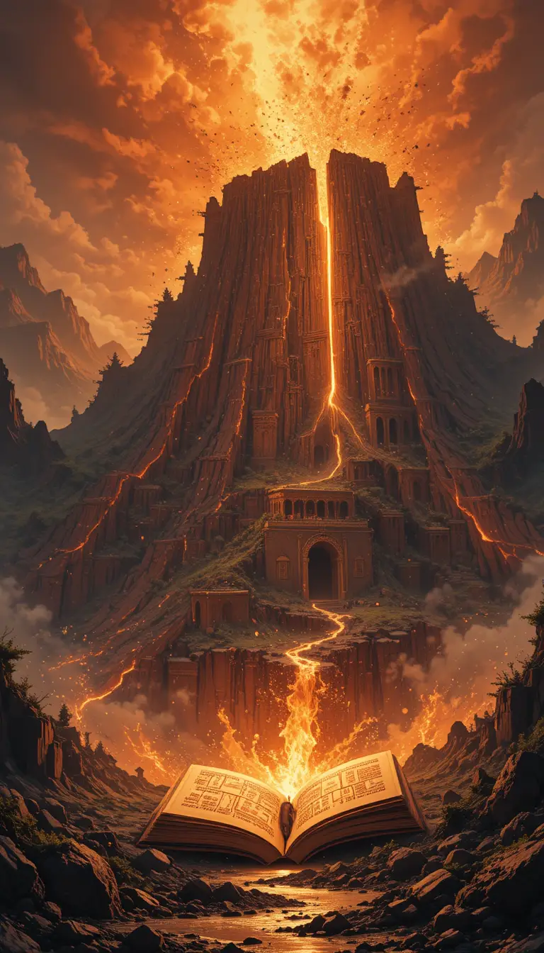 夕陽下孤獨火山噴發而出的魔法書本