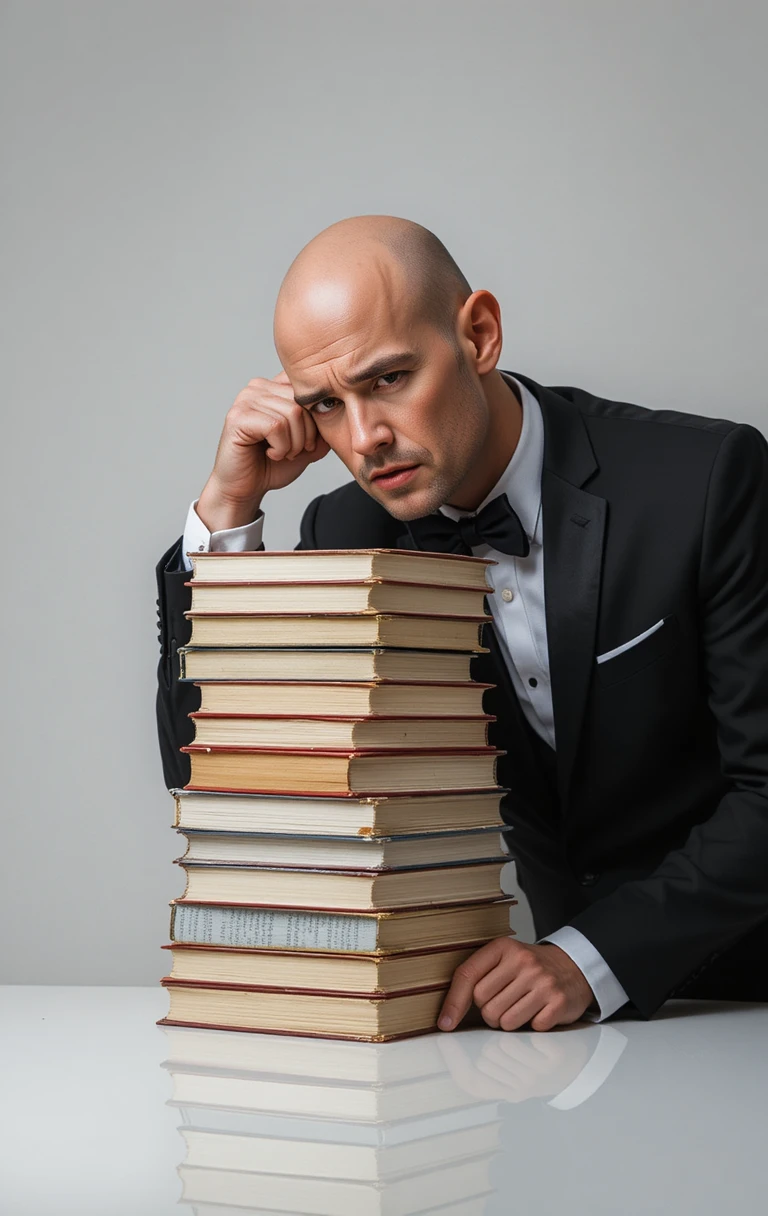 Homem careca de smoking encostado em alta pilha de livros