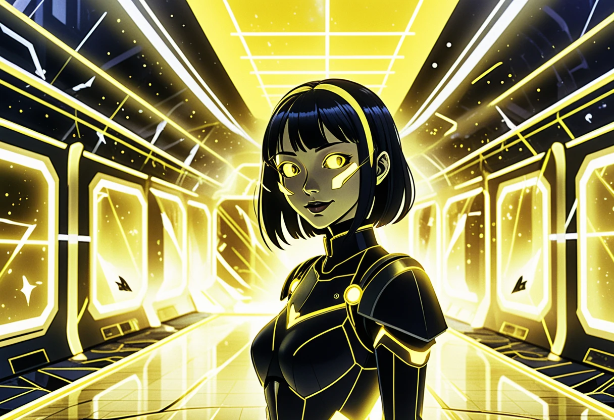 Anime girls in a neon sci fi research facility