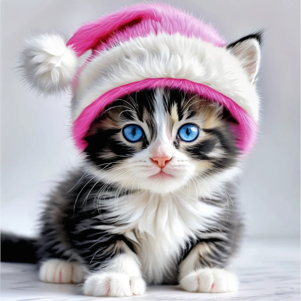 Chaton de dessin animé duveteux avec bonnet d’hiver rose et nœud