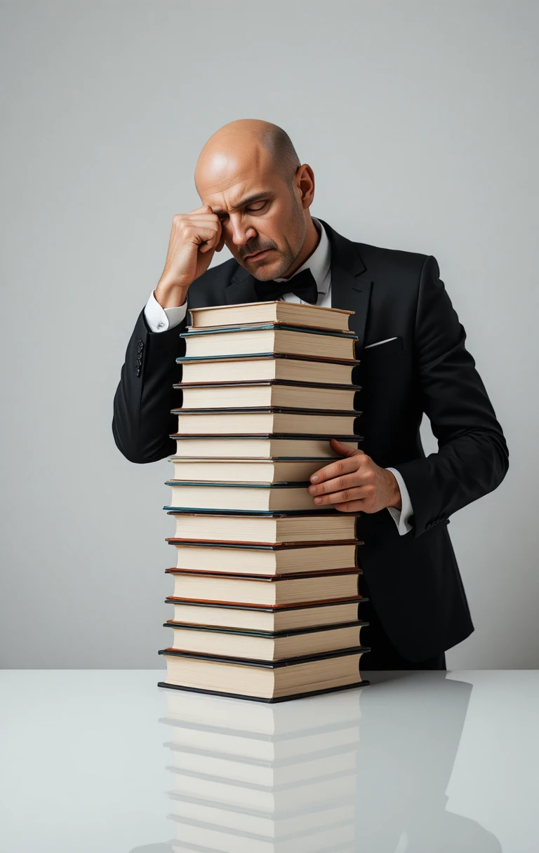 Glatzköpfiger Mann im Smoking, der sich an einen hohen Stapel Bücher lehnt