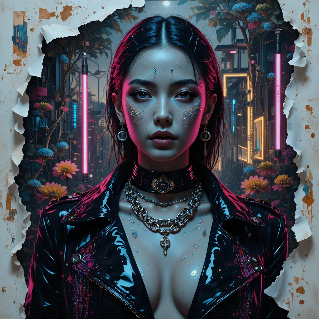 Cyber muse fashion portrait in layered urban collage