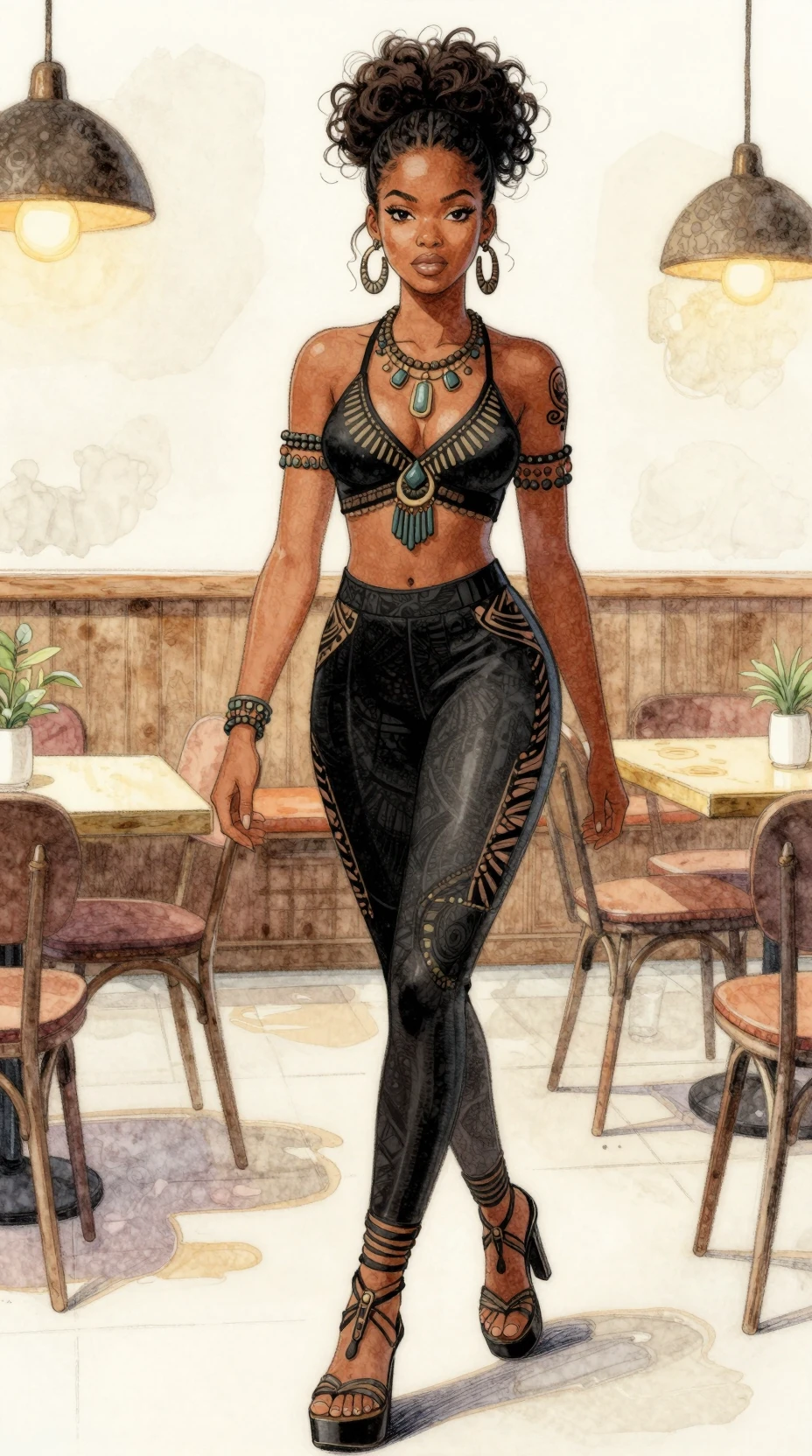 Femme nubienne élégante entrant dans un café aquarelle tranquille