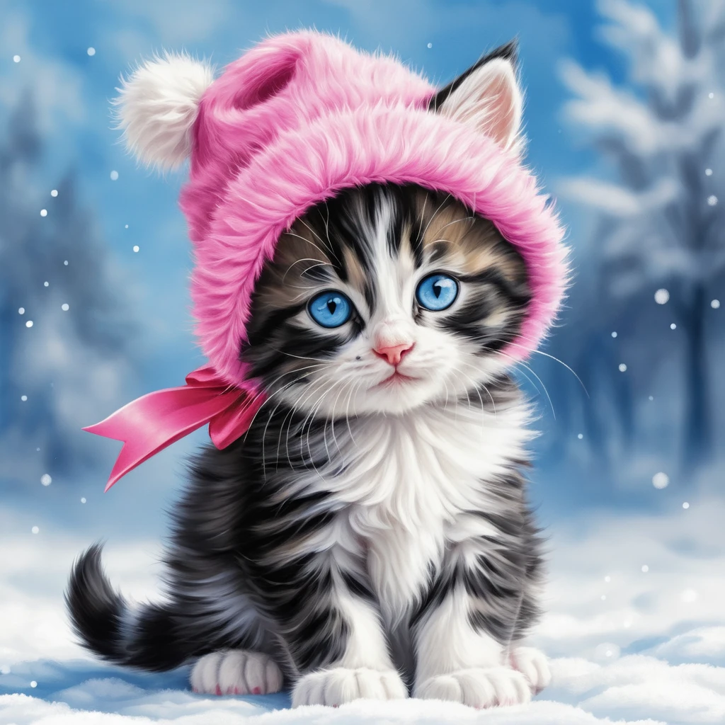 Illustration de Chaton Tigré Duveteux avec Bonnet d’Hiver Rose