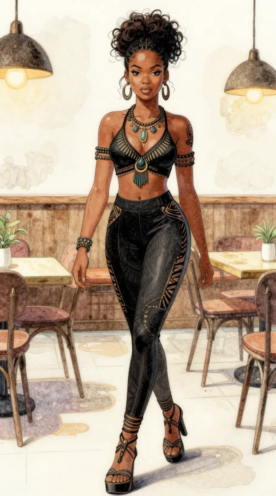 Stylish Nubian woman entering a quiet watercolor cafe