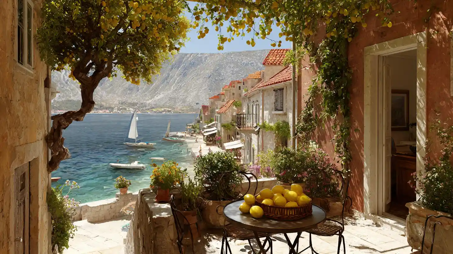 Stone terrace with fruit basket by the Adriatic Sea