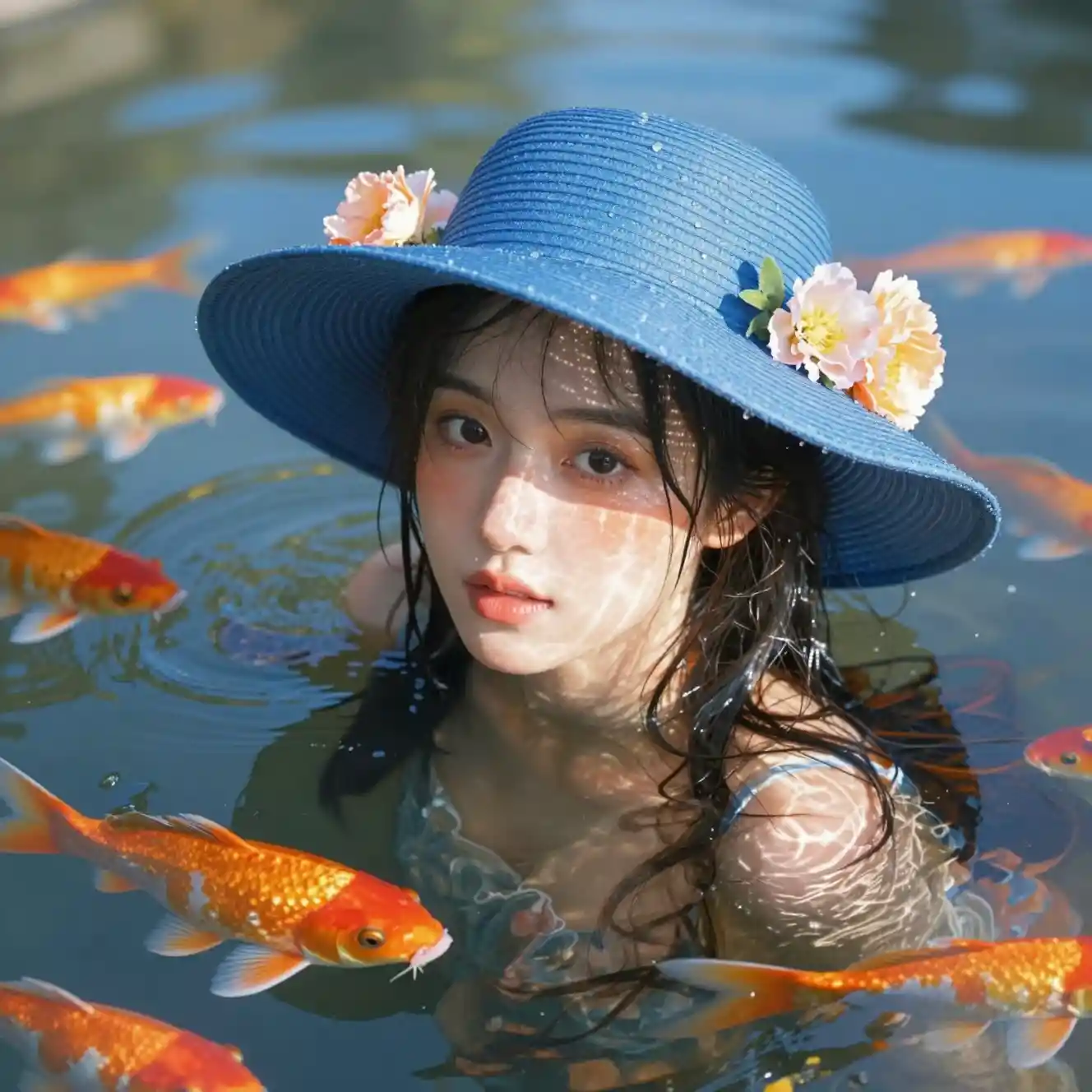 藍色帽子與錦鯉相伴的水中年輕女子
