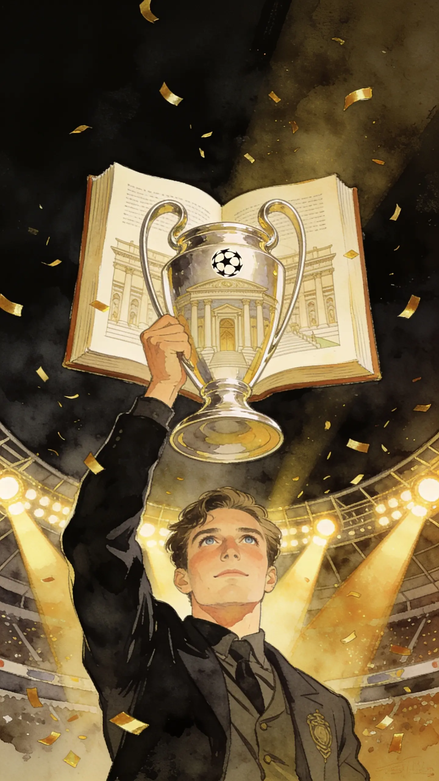 Uomo che Alza un Libro Aperto in una Trionfante Celebrazione allo Stadio