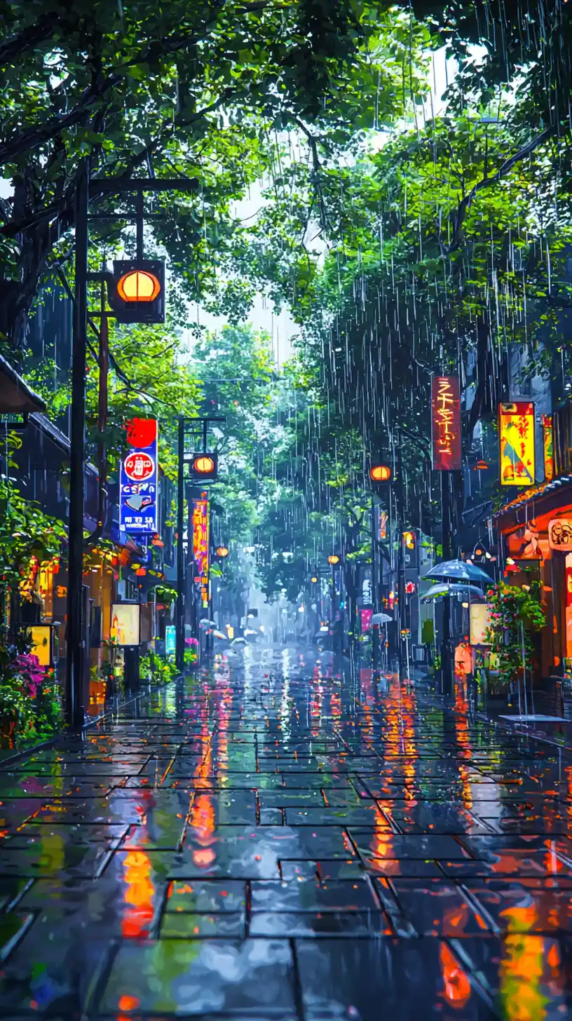 雨中倒映城市街道上的動畫少女