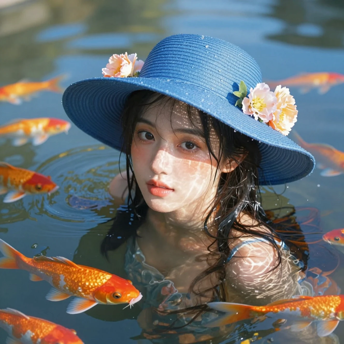 Jovem mulher na água com chapéu azul e peixes koi