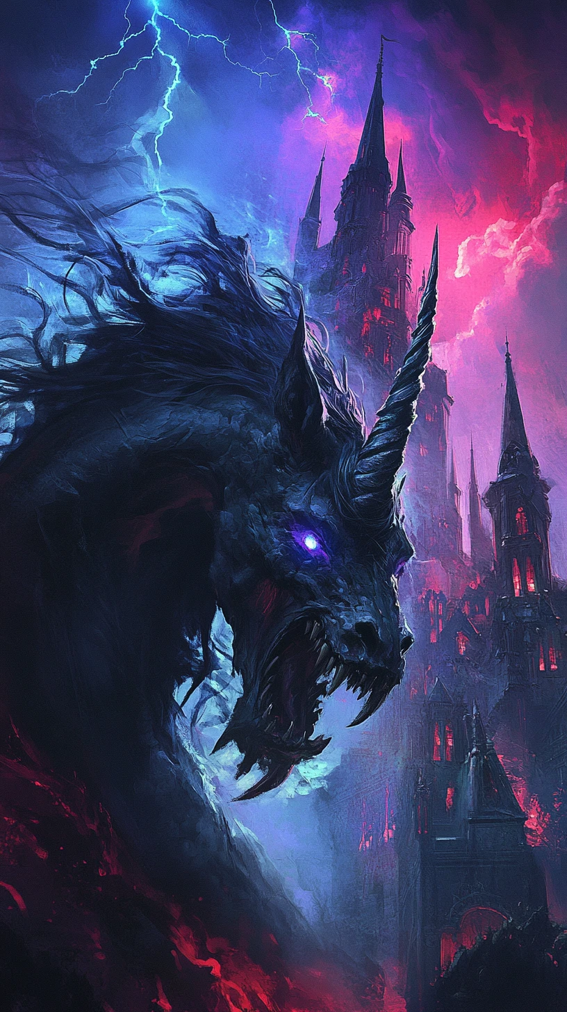Unicorno demoniaco davanti a un castello gotico sotto un cielo tempestoso