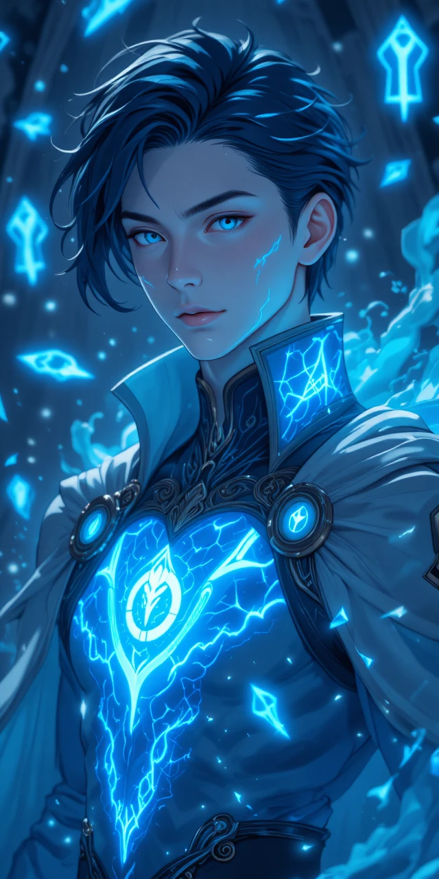 Homem eliatrope de anime com portais brilhantes e capa