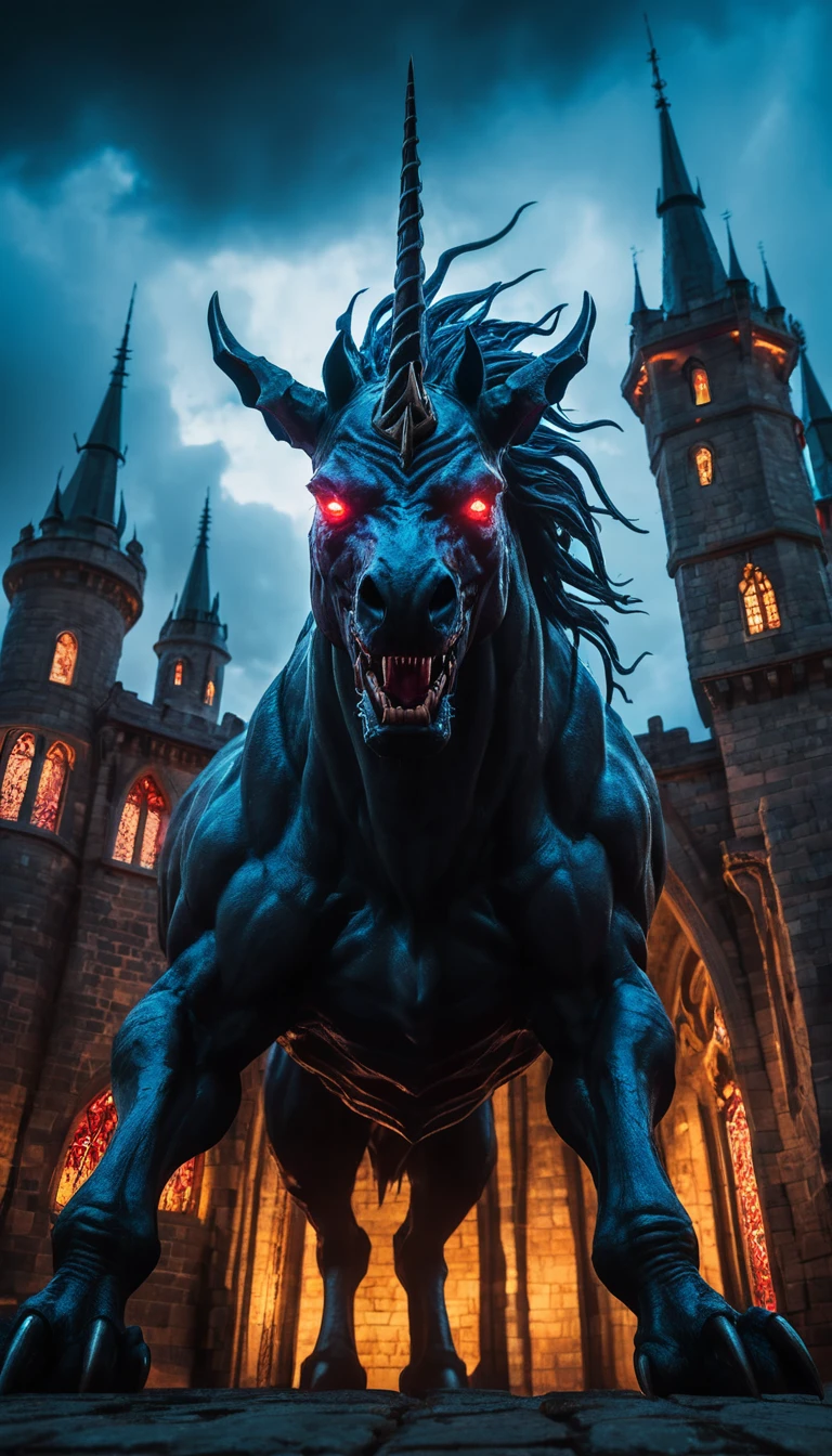 Unicorno demoniaco davanti a un castello gotico sotto un cielo di fulmini