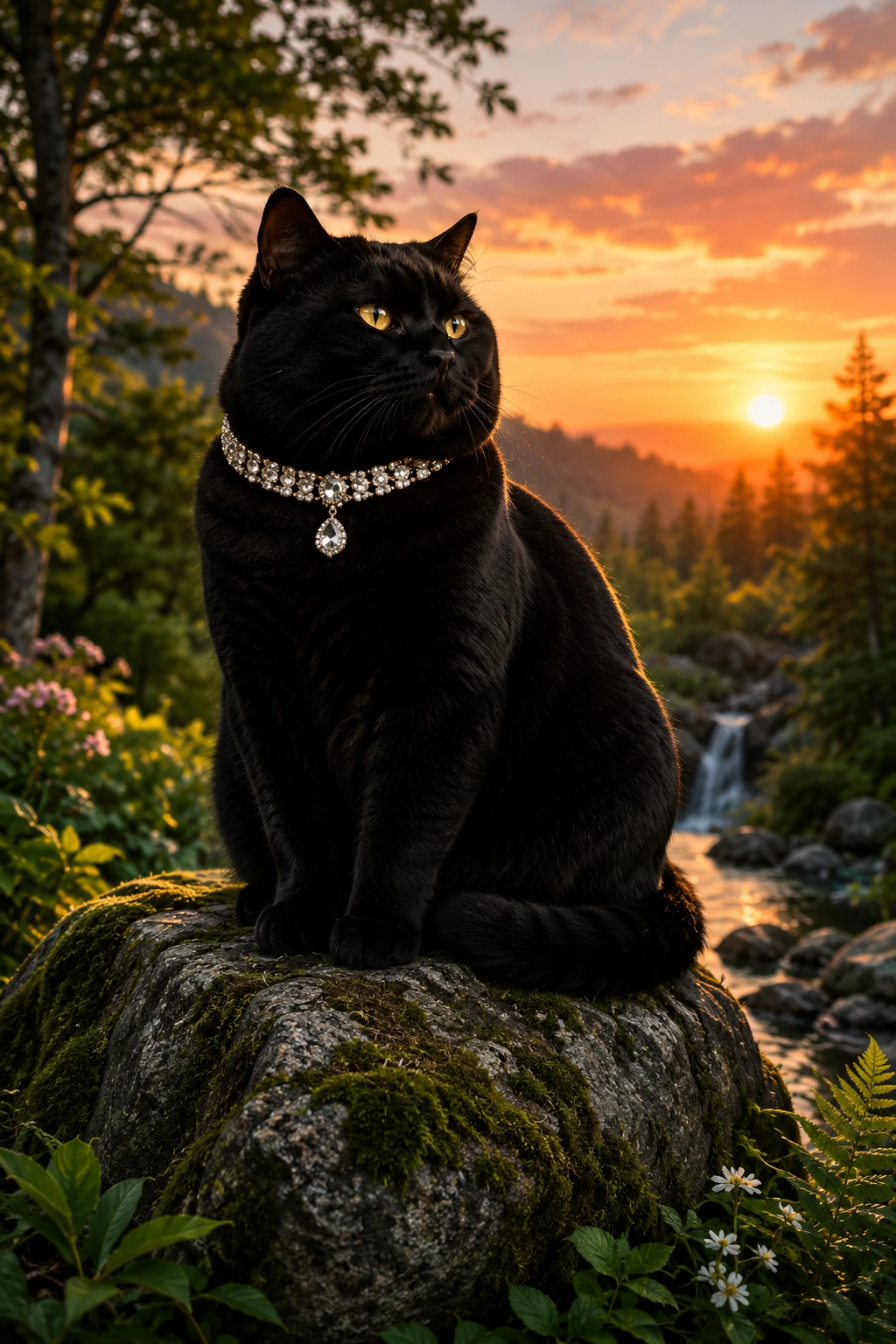 Gato preto majestoso sobre rocha coberta de musgo na floresta ao pôr do sol