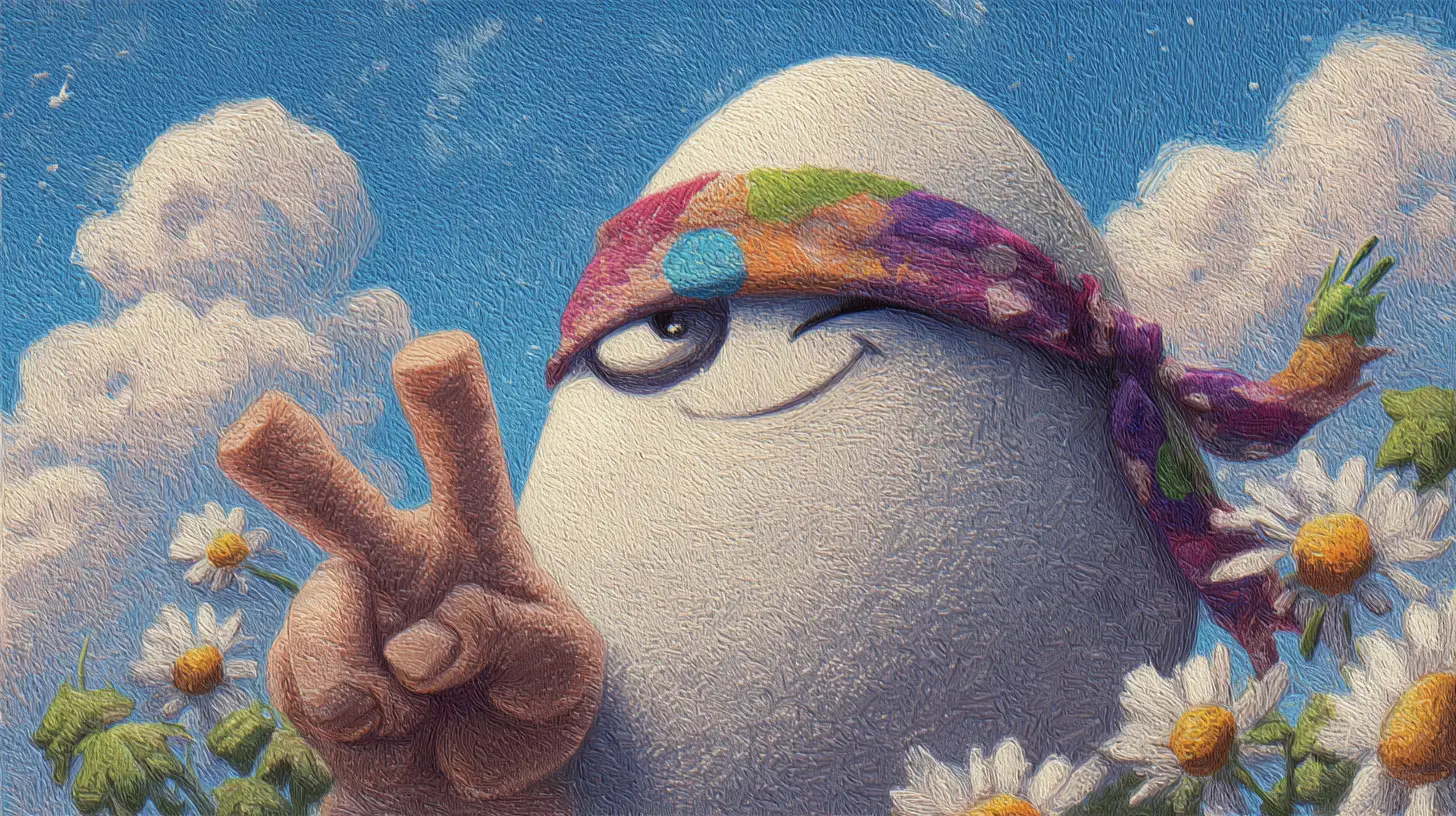 Personnage œuf espiègle faisant un signe de paix au soleil