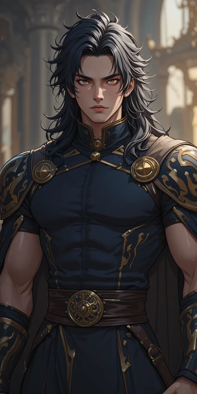 Guerrier d’anime musclé aux yeux dorés et à la cape sombre