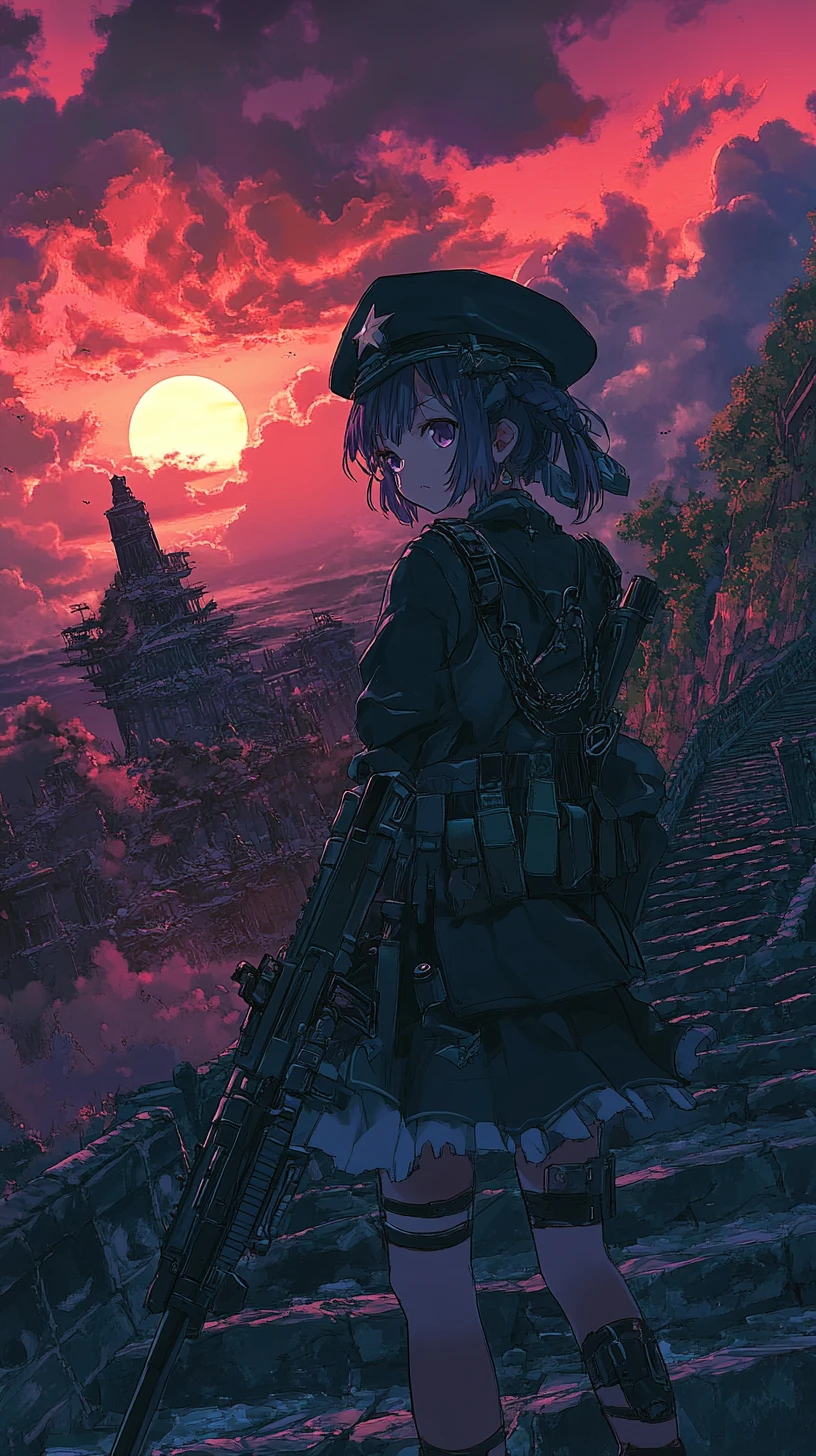 Girl walking up stone stairs at dusk with lanterns