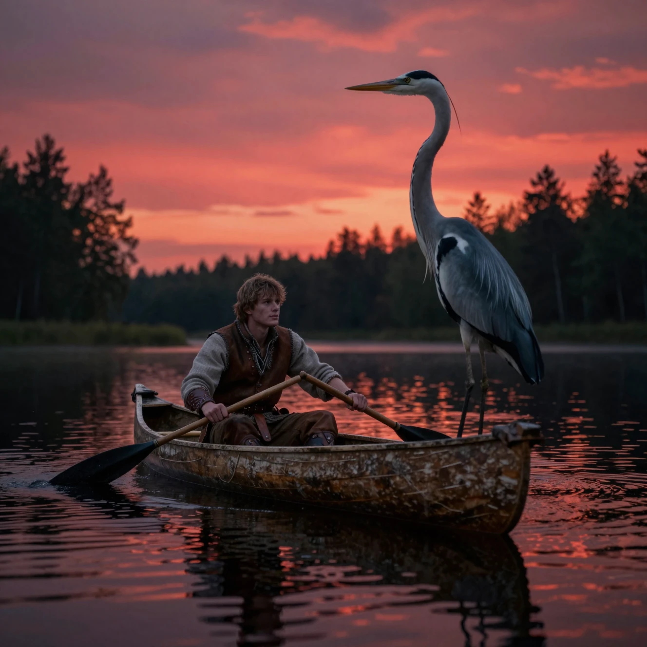 Héron observant un canoë sur un lac de fantasy sombre au coucher du soleil