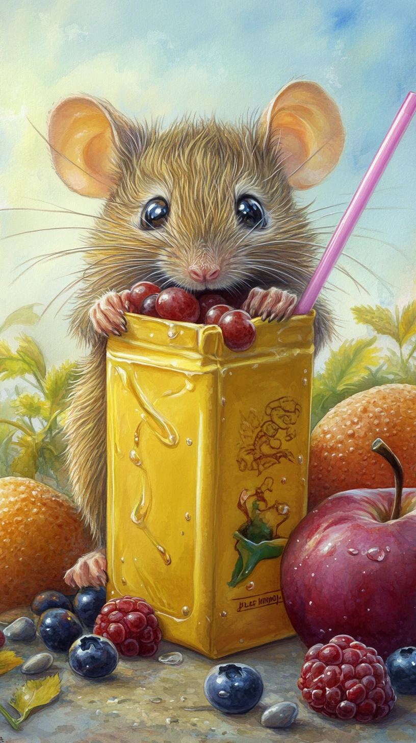 Rato fofo com caixa de suco de fruta em ilustração em aquarela