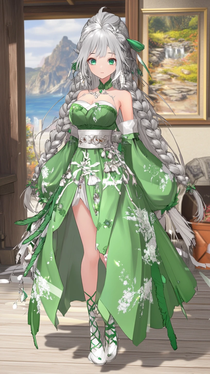 綠色雪花洋裝搭配飄逸白色腰帶的動漫女孩