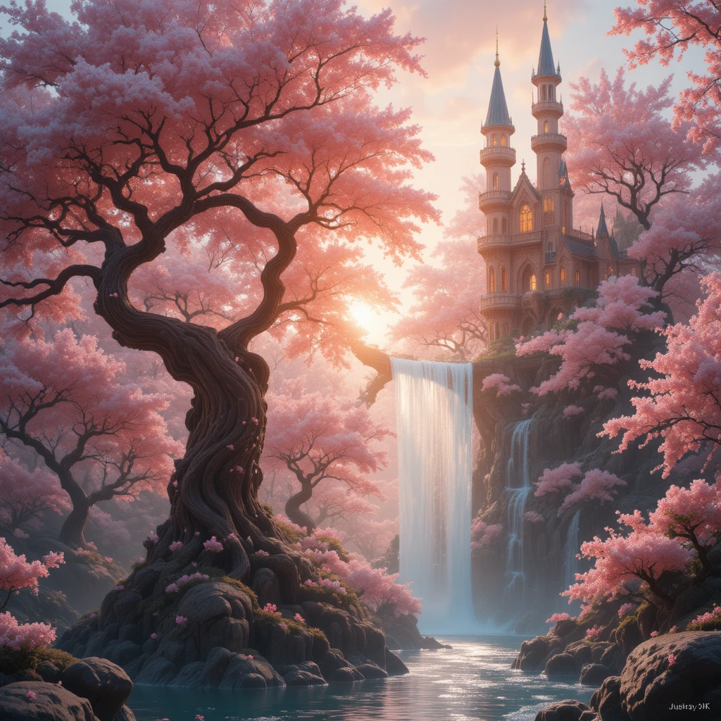 Arbre de cerisier fantastique fusionné avec château de conte de fées