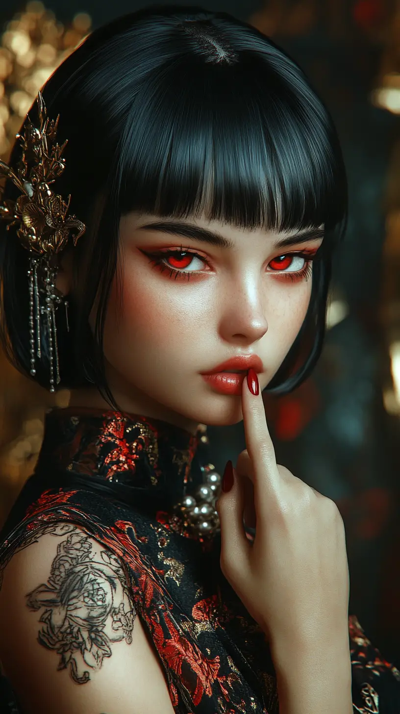 身著華麗黑紅服飾的神祕動漫女子