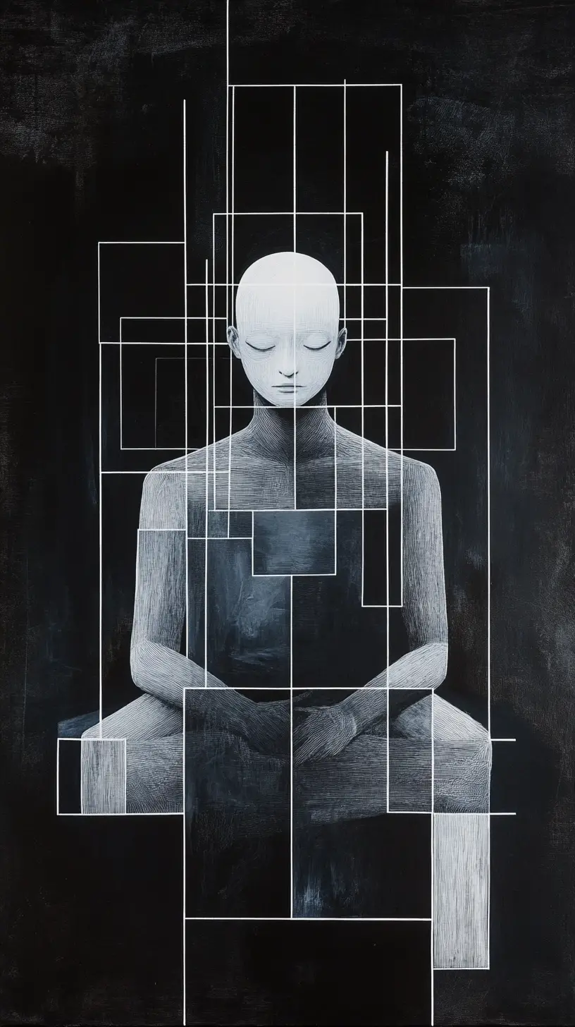 Surreales Gesicht, das aus der Leere in einer abstrakten Monochrom-Szene auftaucht