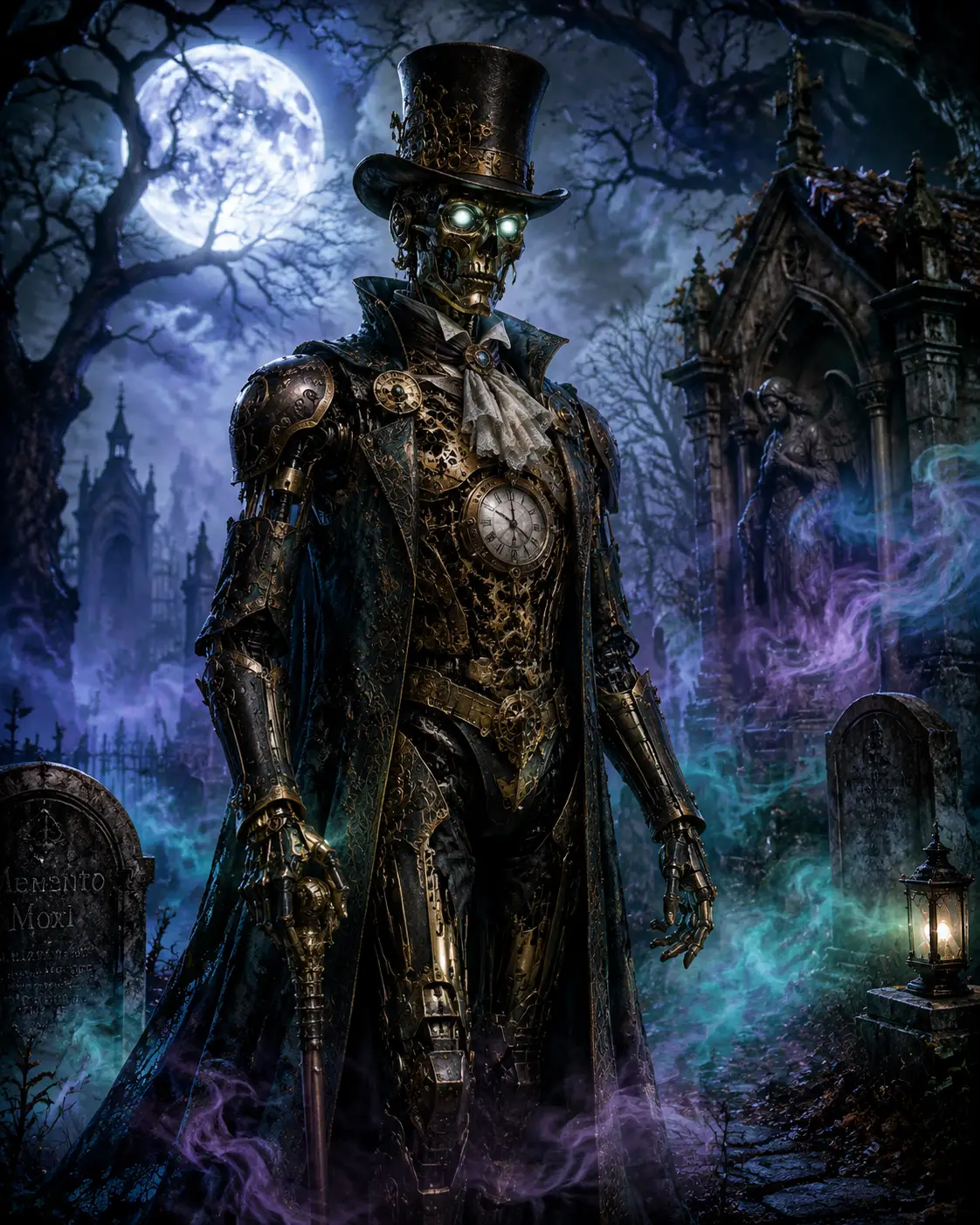 Clockwork automaton in an overgrown moonlit victorian cemetery