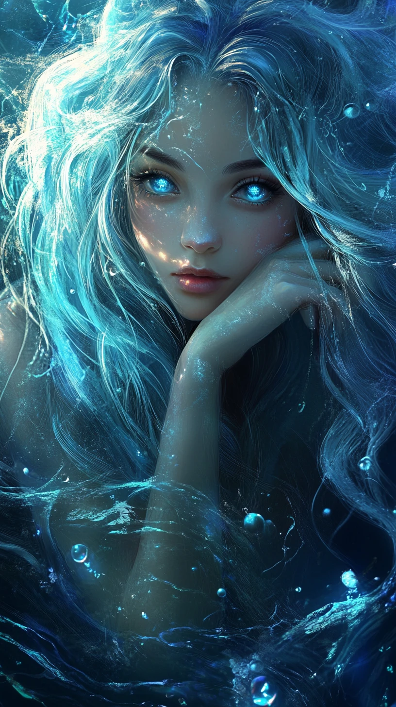 Ethereal anime woman with flowing blue and white hair