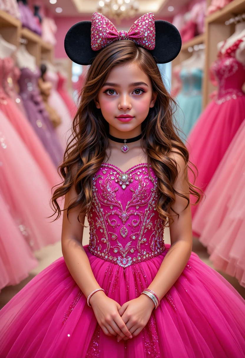 Menina com vestido rosa da Minnie em uma loja da Disney