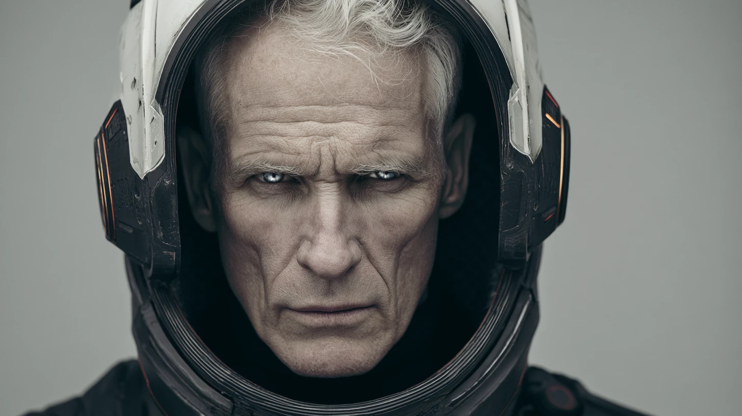 Retrato cinematográfico de um ciborgue idoso usando capacete espacial