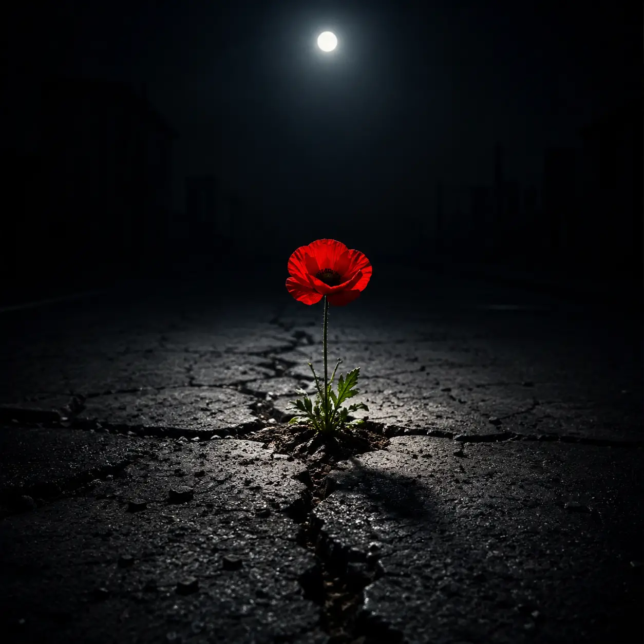 Roter Mohn auf rissiger, mondbeschienener Asphaltstraße