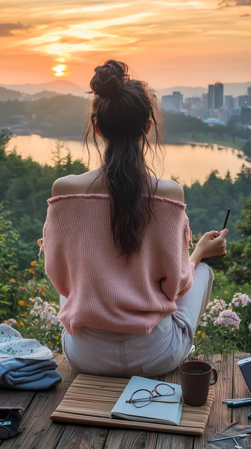 年輕女子在俯瞰夕陽湖畔的露台上放鬆