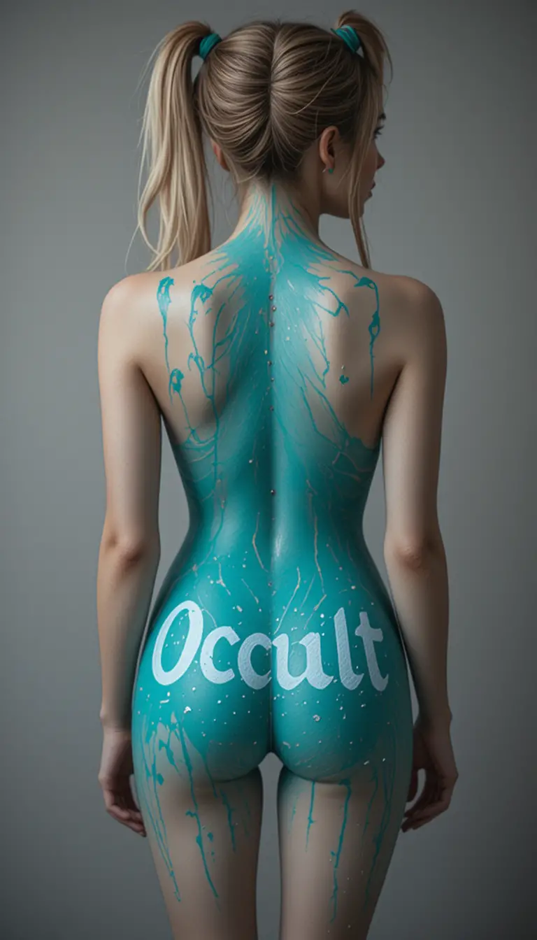 ターコイズ色のショートパンツに「occult」の文字が入った女性の後ろ姿