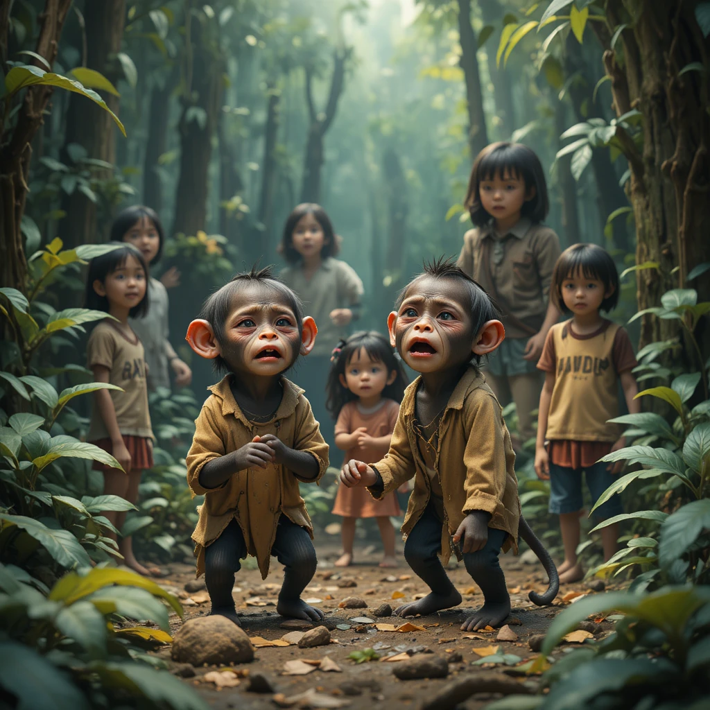 捕らえられたサルを見て怯える子どもたち