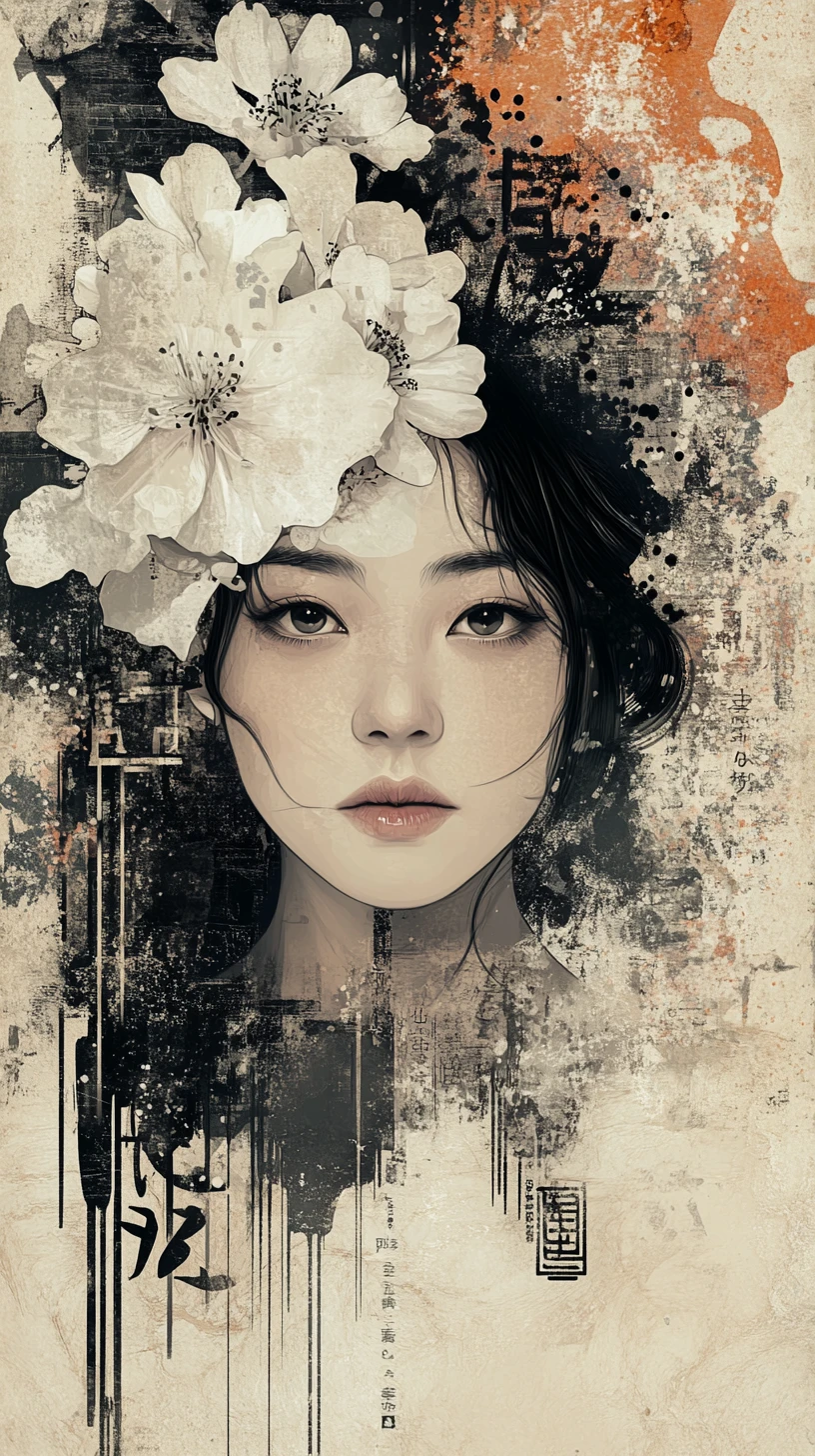East Asian woman portrait with flowers and ink art