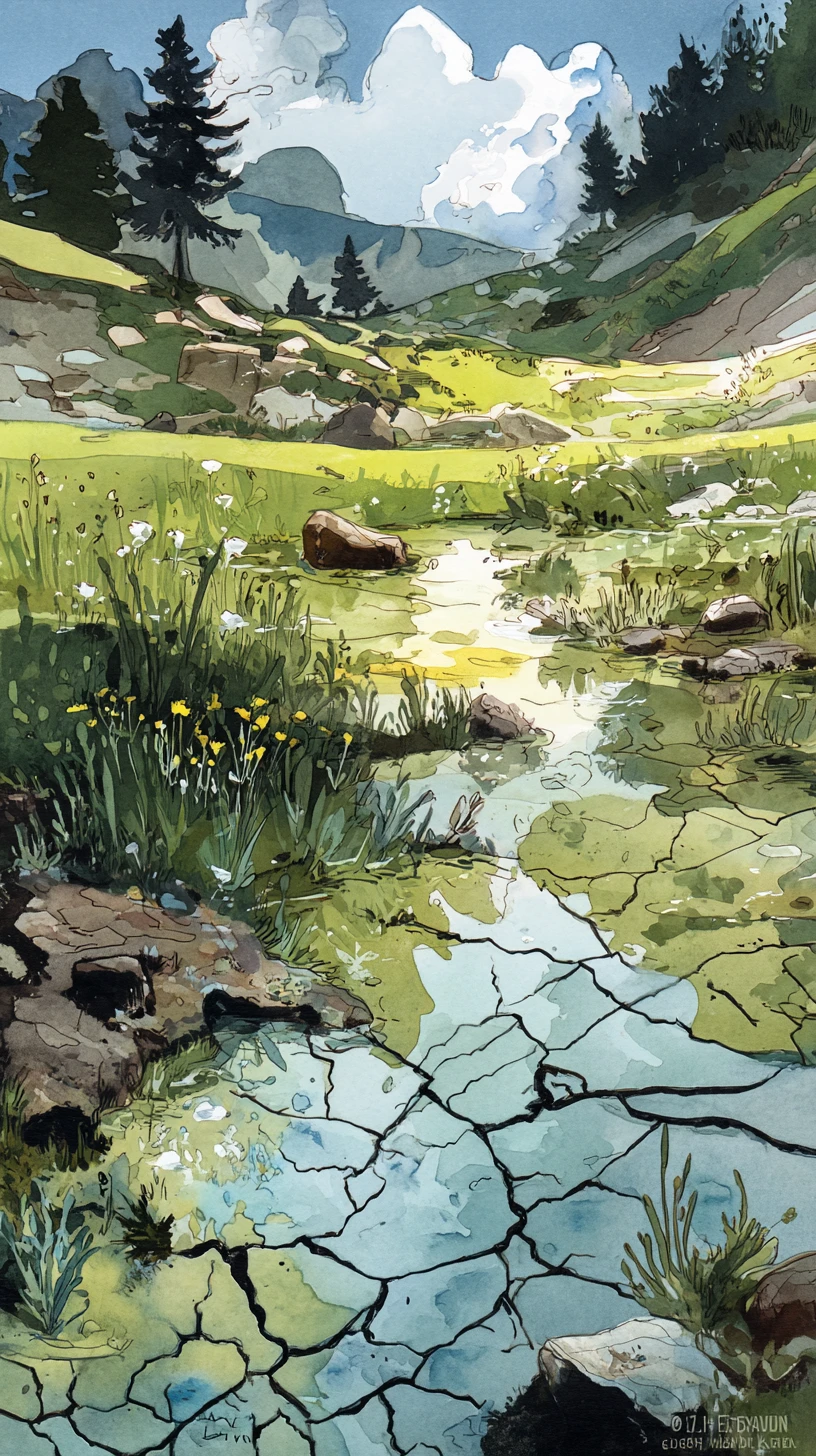 Paisagem de montanha em aquarela com riacho e marmota