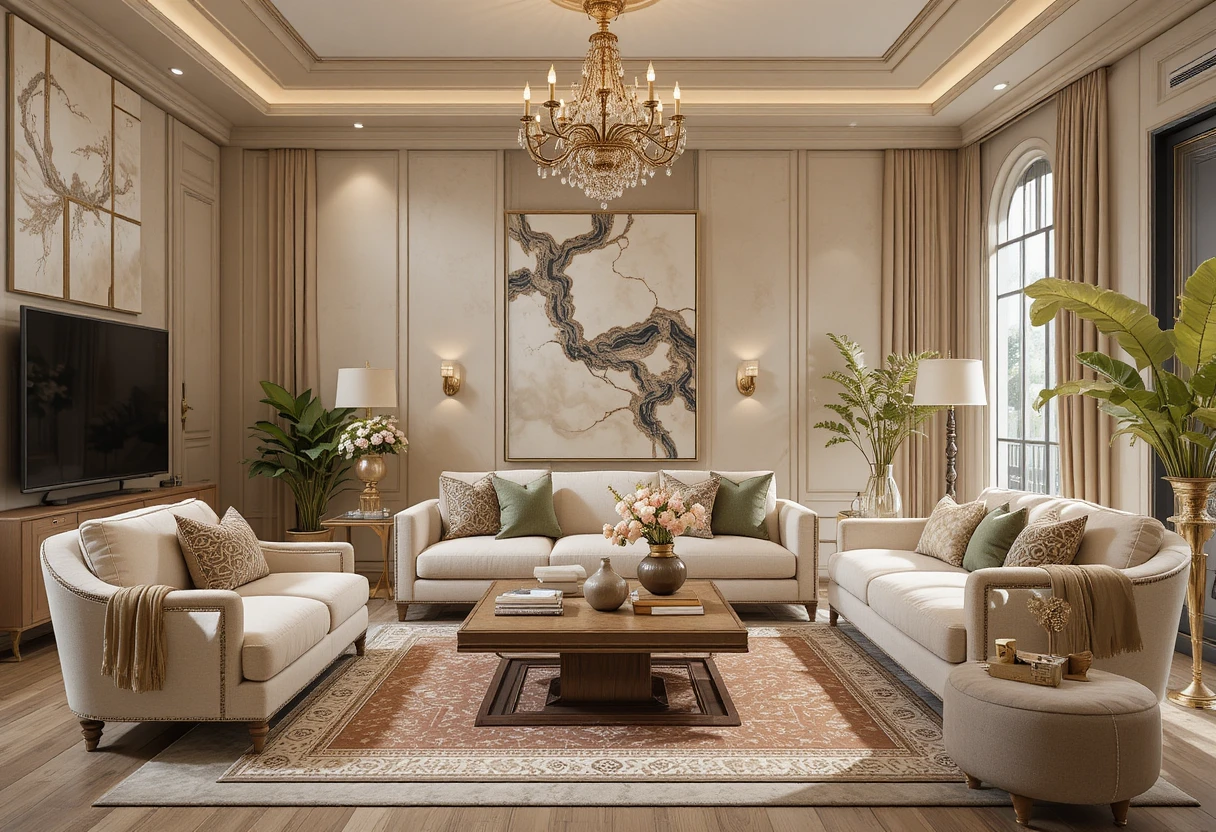 Bohemian living room design with soft beige accessories