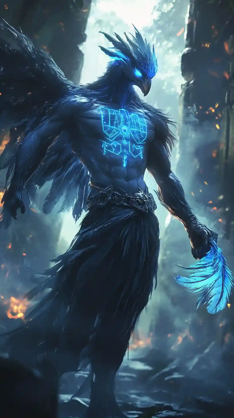 Guerrier homme-oiseau mythique devant un temple dans la jungle