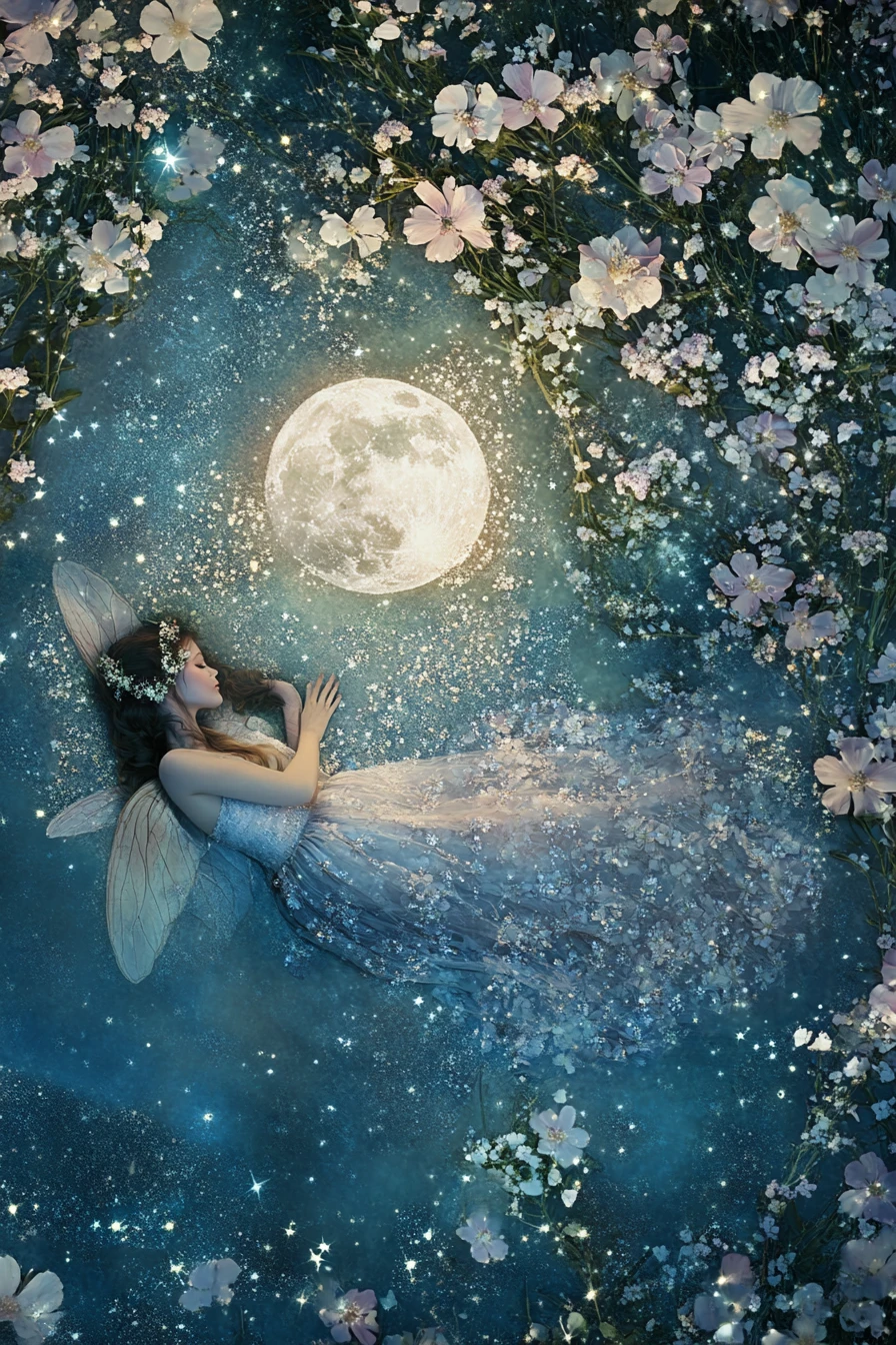 Sanfte Fee, die auf dem Mond zwischen leuchtenden Blumen ruht