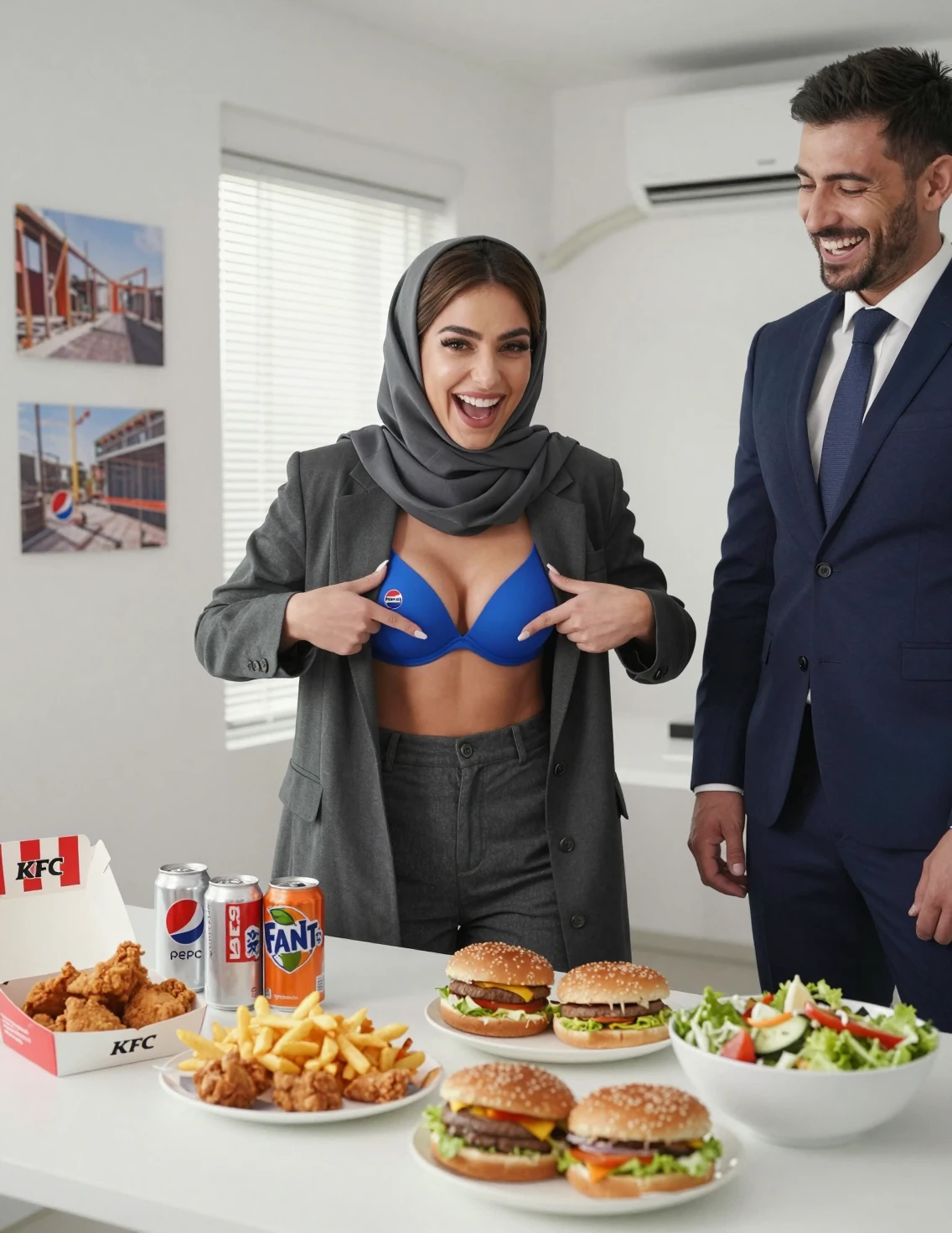 Femme riant au bureau en montrant son soutien-gorge