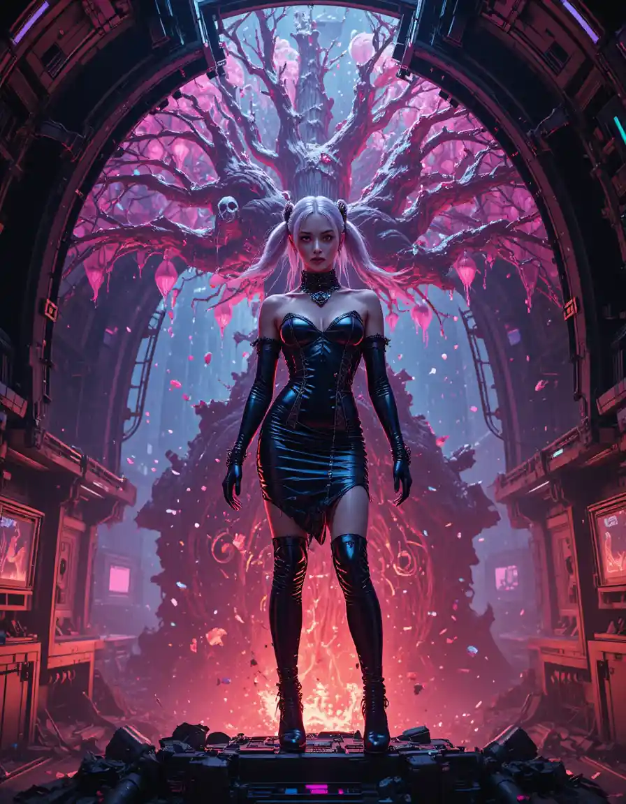Femme fatale auf zertrümmertem Raumschiff in neonfarbenem Sci‑Fi‑Höllenszenario