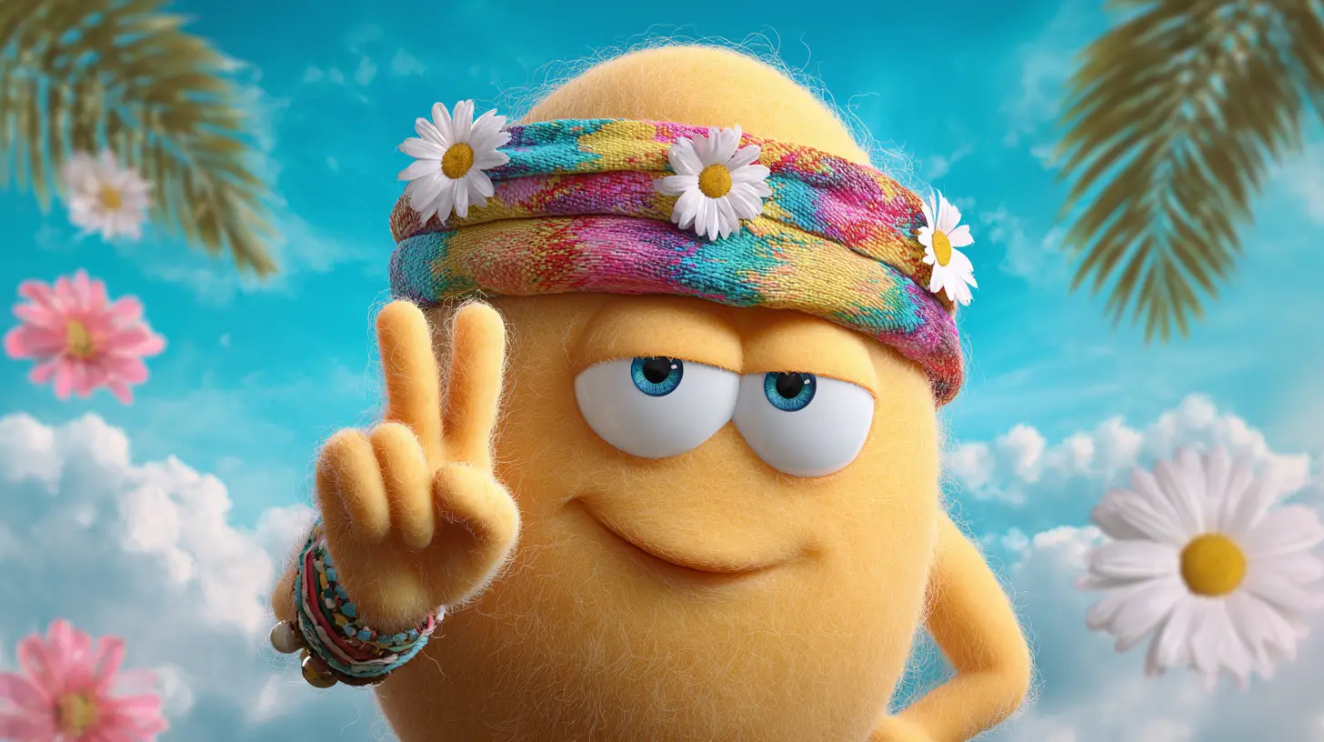 Personnage Œuf Ludique Faisant un Signe de Paix au Soleil