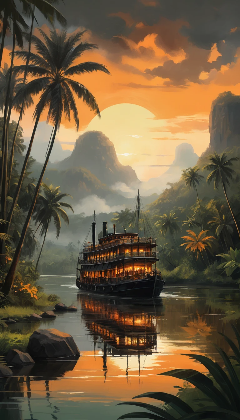 Majestueux bateau à vapeur glissant sur une rivière de jungle au coucher du soleil