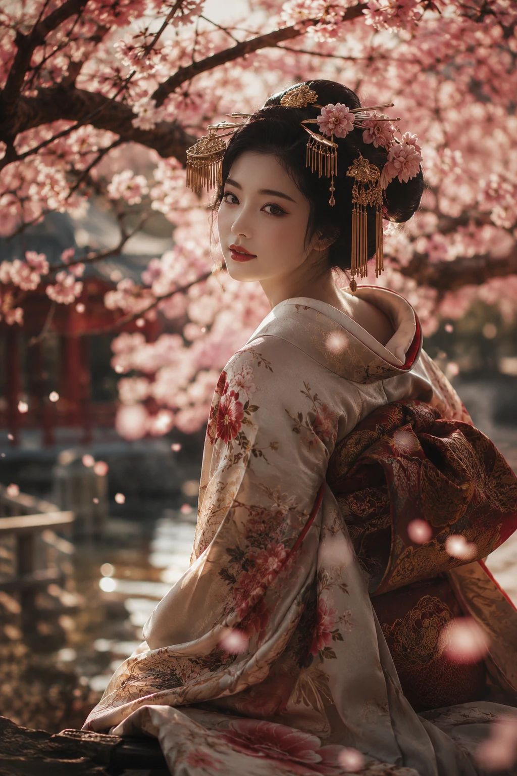 Geisha serena sob cerejeiras iluminadas pelo sol